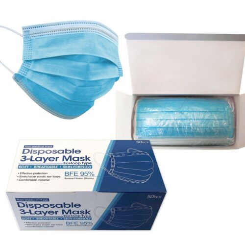 Face Mask,Disposable 3 Layer, Blue Non Medical Surgical(50)